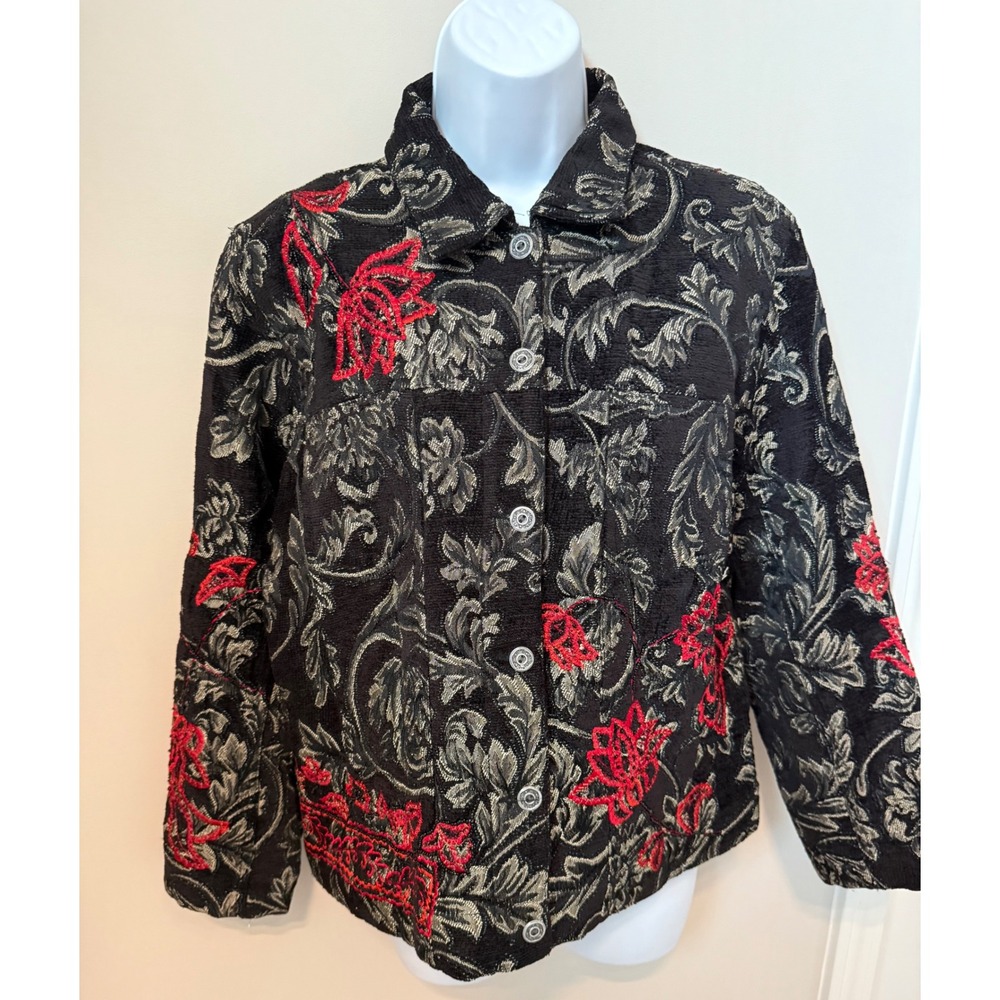 Chico's Jacket 0 Small Black Red Gold Floral Embroidered Tapestry Jacquard Boho